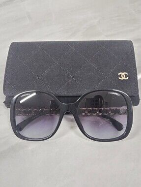 CHANEL Black Sunglasses with Gold Chain-Accents